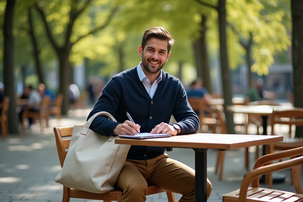 Homme détendu avec sac en toile dans un parc
