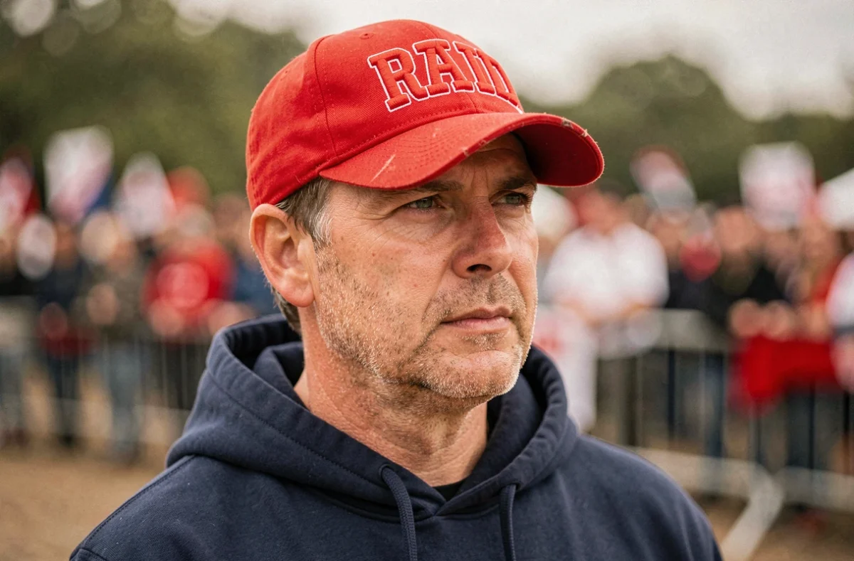 Homme portant une casquette rouge MAGA lors d'un rassemblement politique, portrait 3/4 réaliste en extérieur