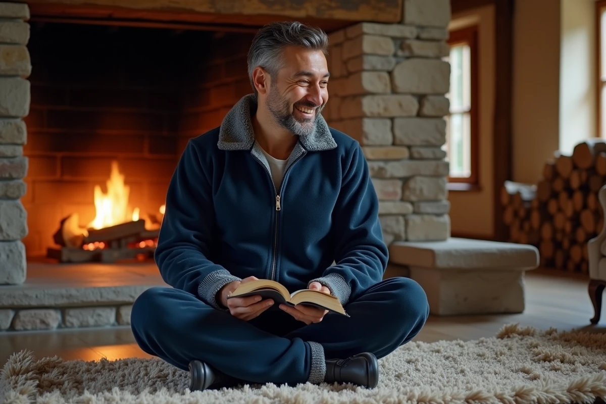 Homme adulte en combinaison pilou pilou bleu marine assis en tailleur devant une cheminée en pierre, lisant un livre avec une expression détendue et riante