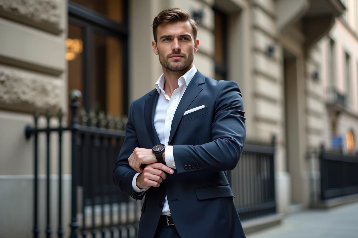 Homme confiant en costume dans un environnement urbain