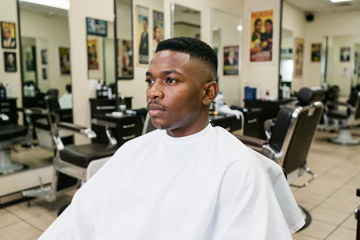 Homme jeune avec une coupe casquette taper fade parfaitement réalisée à la tondeuse, assis dans un fauteuil de barbier