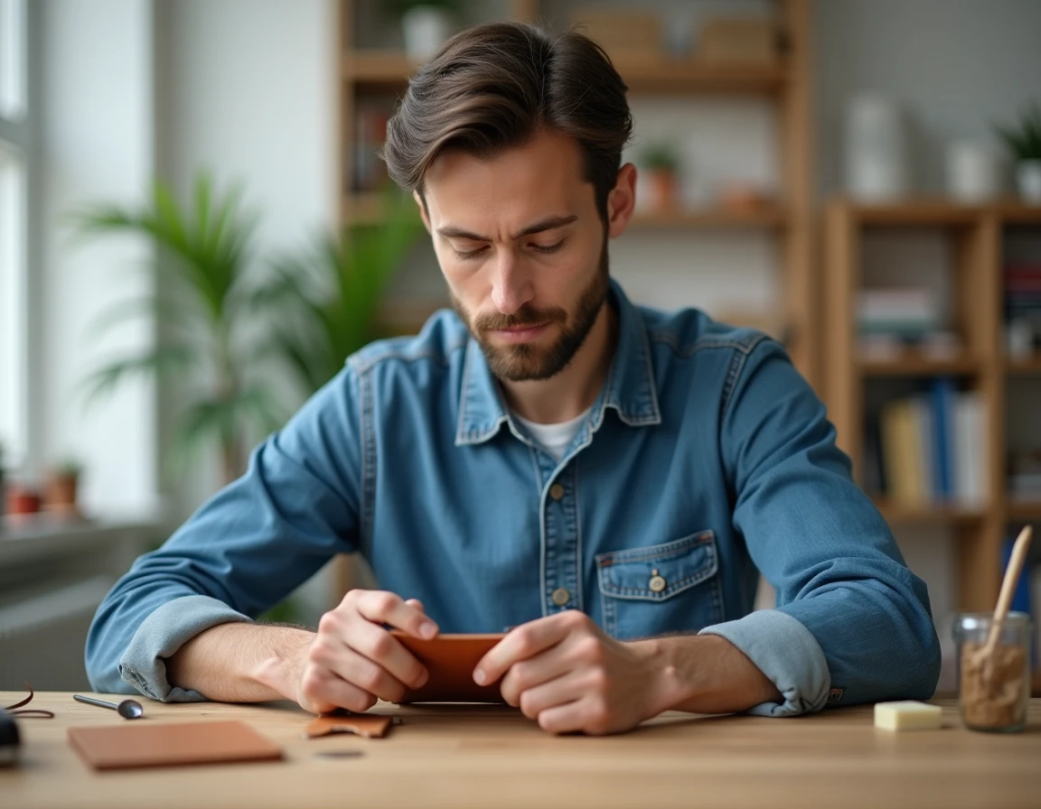 Homme cousant à la main un portefeuille en cuir récupéré avec une aiguille courbe et du fil ciré sur un bureau en bois minimaliste