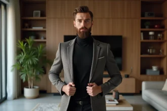 Homme élégant en blazer texturé et turtleneck noir