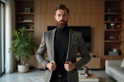 Homme élégant en blazer texturé et turtleneck noir