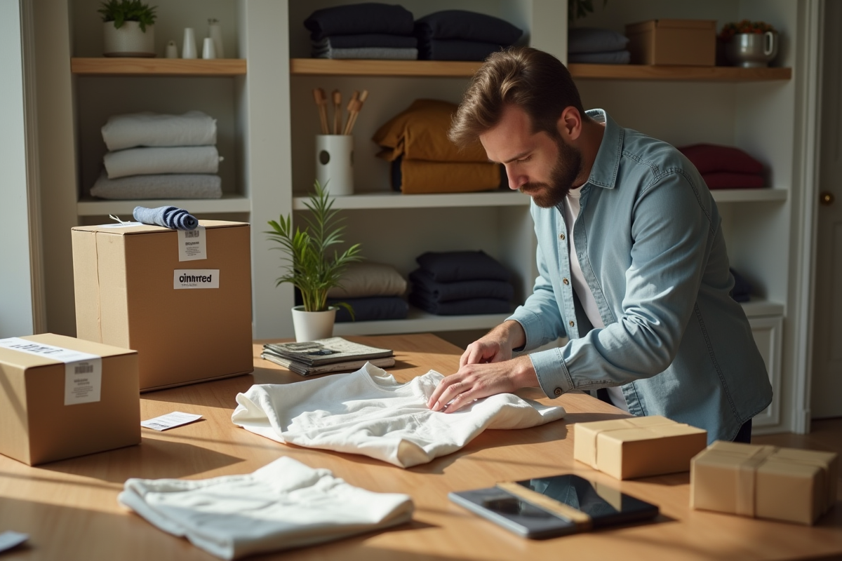 Homme emballant un vêtement dans une maison lumineuse