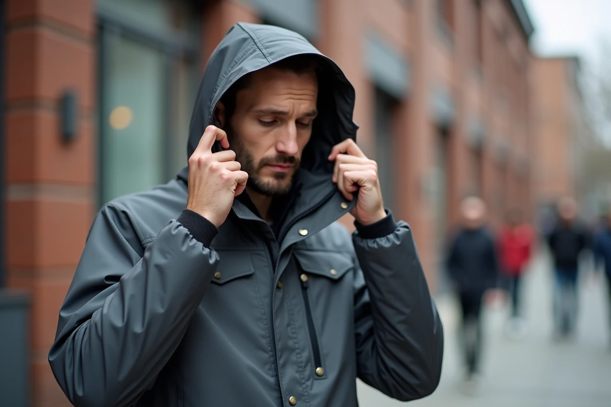 Homme grand et mince testant la forme d'un col capuche amovible en milieu urbain, guide du choix de capuche selon la morphologie masculine