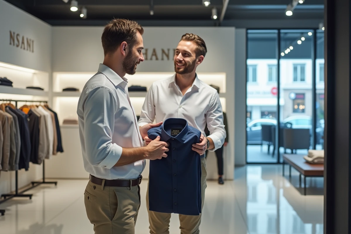 Homme essayant une chemise dans une grande enseigne de mode commerciale moderne