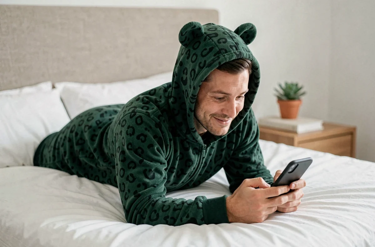 Homme en pyjama grenouillère verte avec capuche oreilles d'ours allongé sur un lit blanc avec son téléphone, ambiance cocooning décontracté