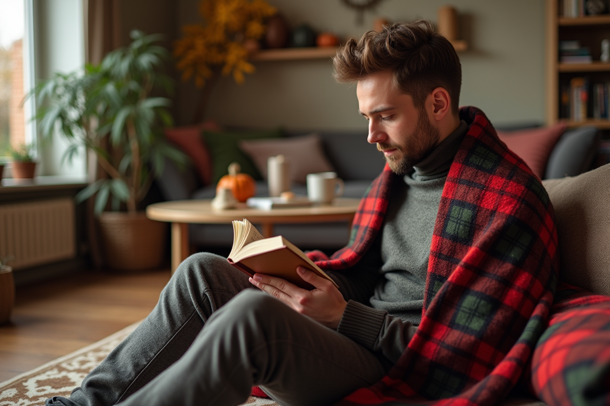 Homme détendu lisant avec plaid dans un salon chaleureux