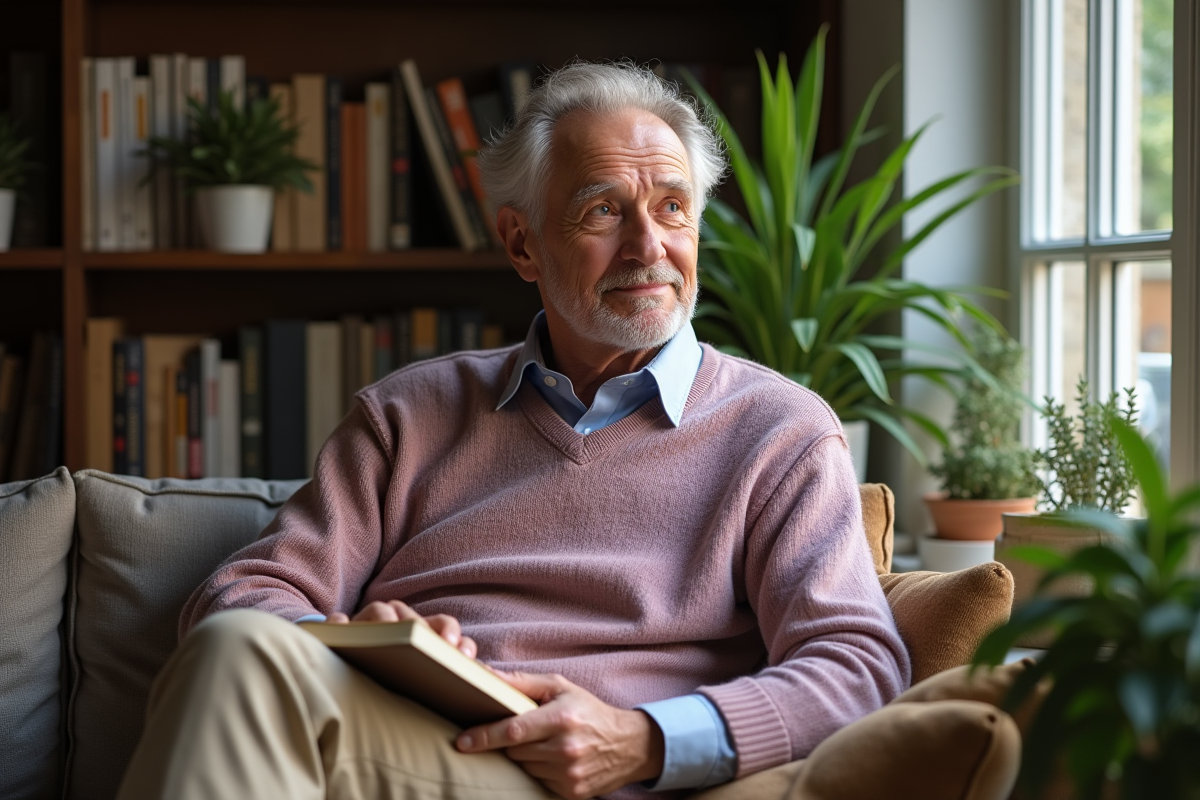 Homme assis dans un salon avec livres et plantes