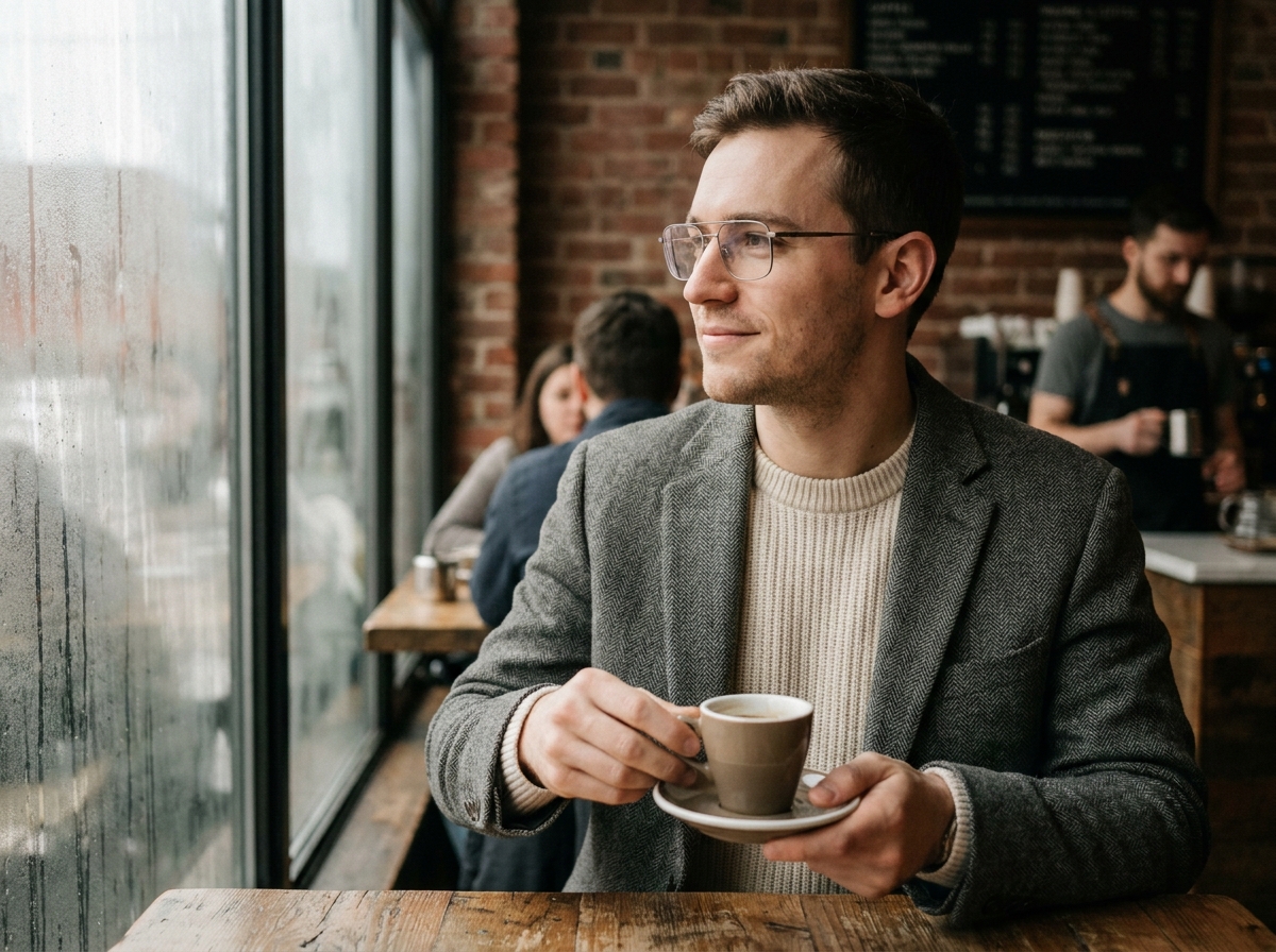 Homme en blazer gris avec lunettes à monture métallique fine dans un café en hiver