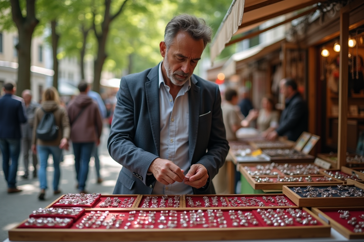 Homme choisit bijoux en marché artisanal en plein air