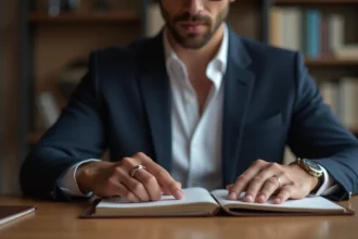 Homme en blazer navy portant une bague en or blanc