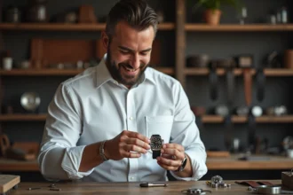 Homme tenant une montre personnalisée en acier dans un atelier d'horlogerie minimaliste