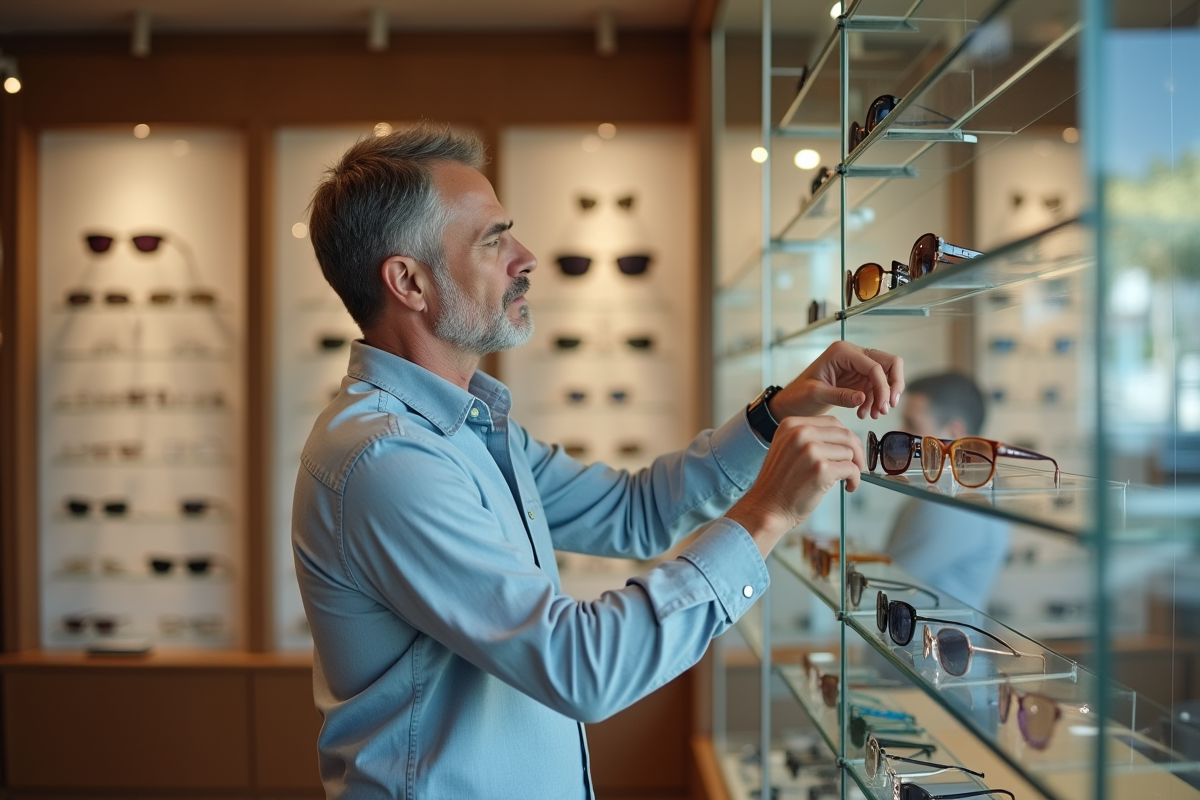 Homme comparant des lunettes de soleil en boutique