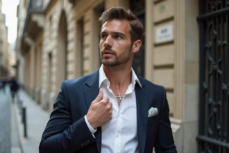 Homme élégant à Paris portant un blazer et un collier en argent