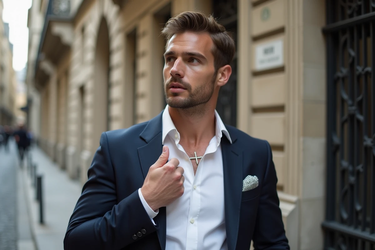 Homme élégant à Paris portant un blazer et un collier en argent