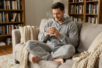 Homme en pyjama grenouillère gris confortablement installé sur un canapé avec un plaid et une tasse chaude, ambiance cocooning