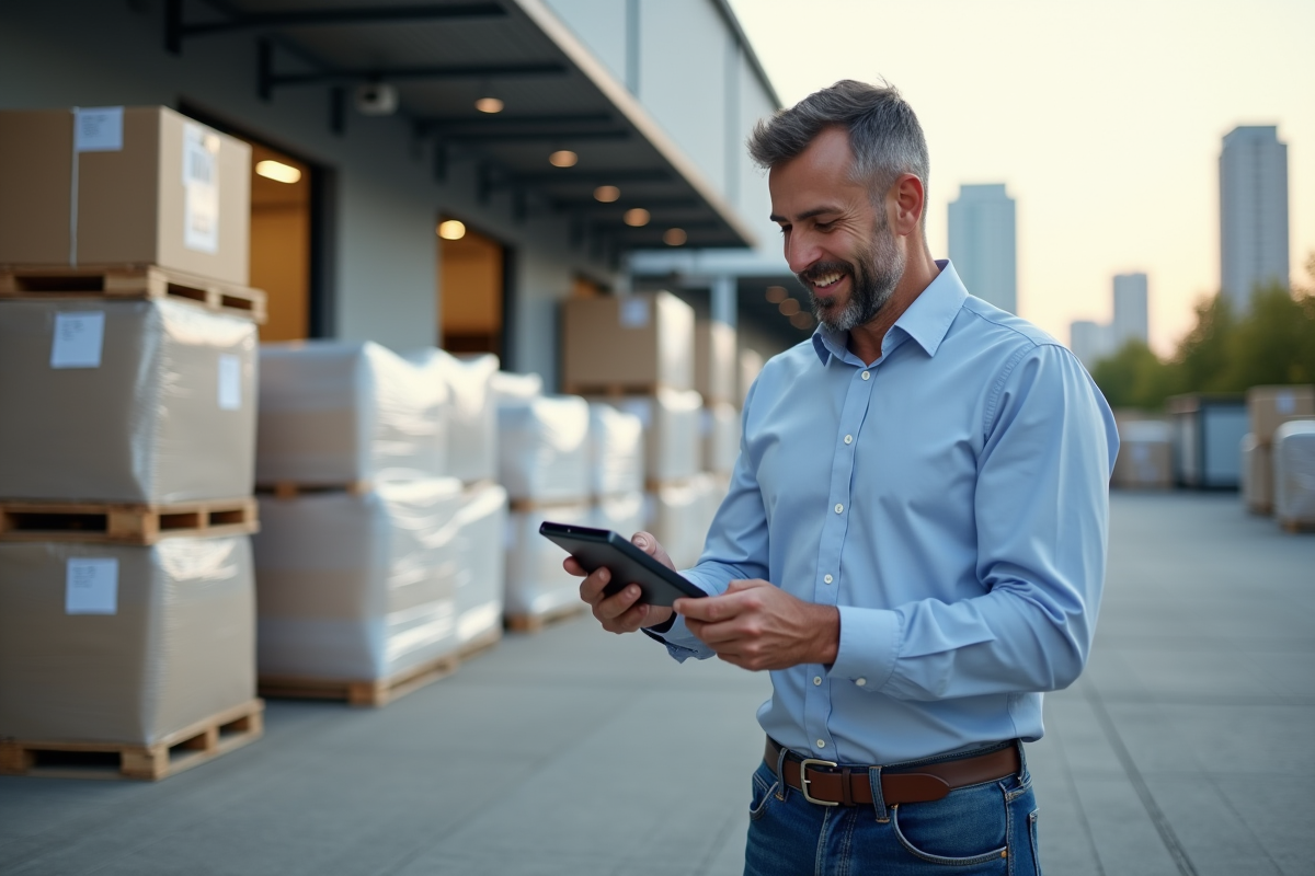 Homme vérifie un colis de vêtements dans une zone de chargement urbaine