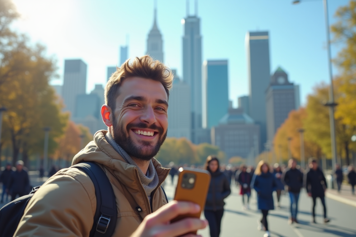 Homme prenant un selfie avec la ville en arrière-plan en journée ensoleillée