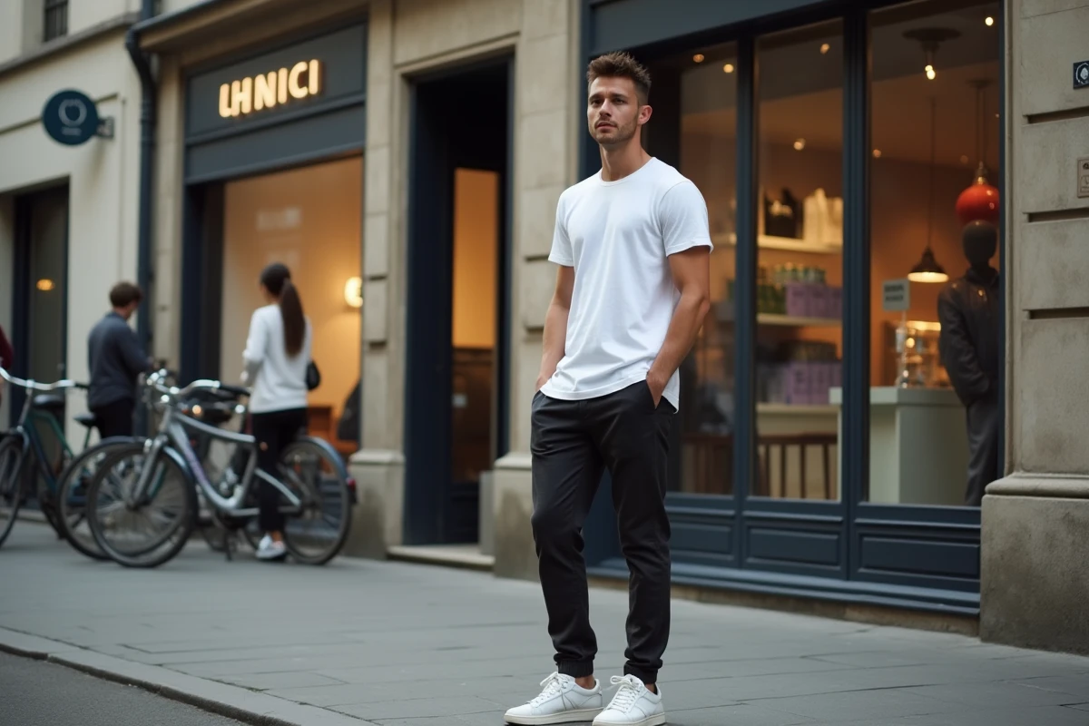 Jeune homme portant des sneakers rares en édition limitée devant une boutique de sneakers dans une rue commerçante de Lorient