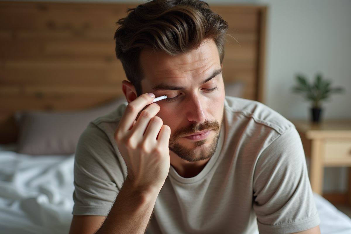 Homme appliquant un serum pour cils dans sa chambre