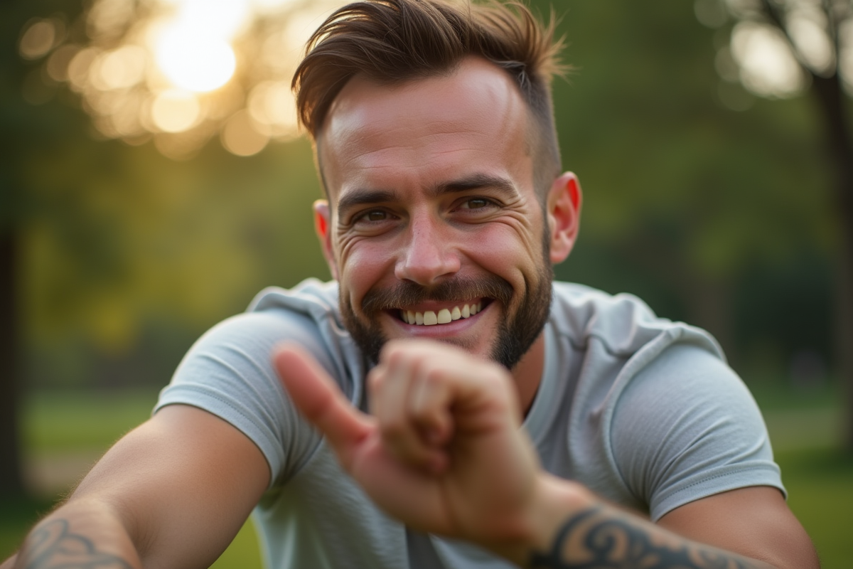 Homme souriant montrant un tatouage temporaire en extérieur