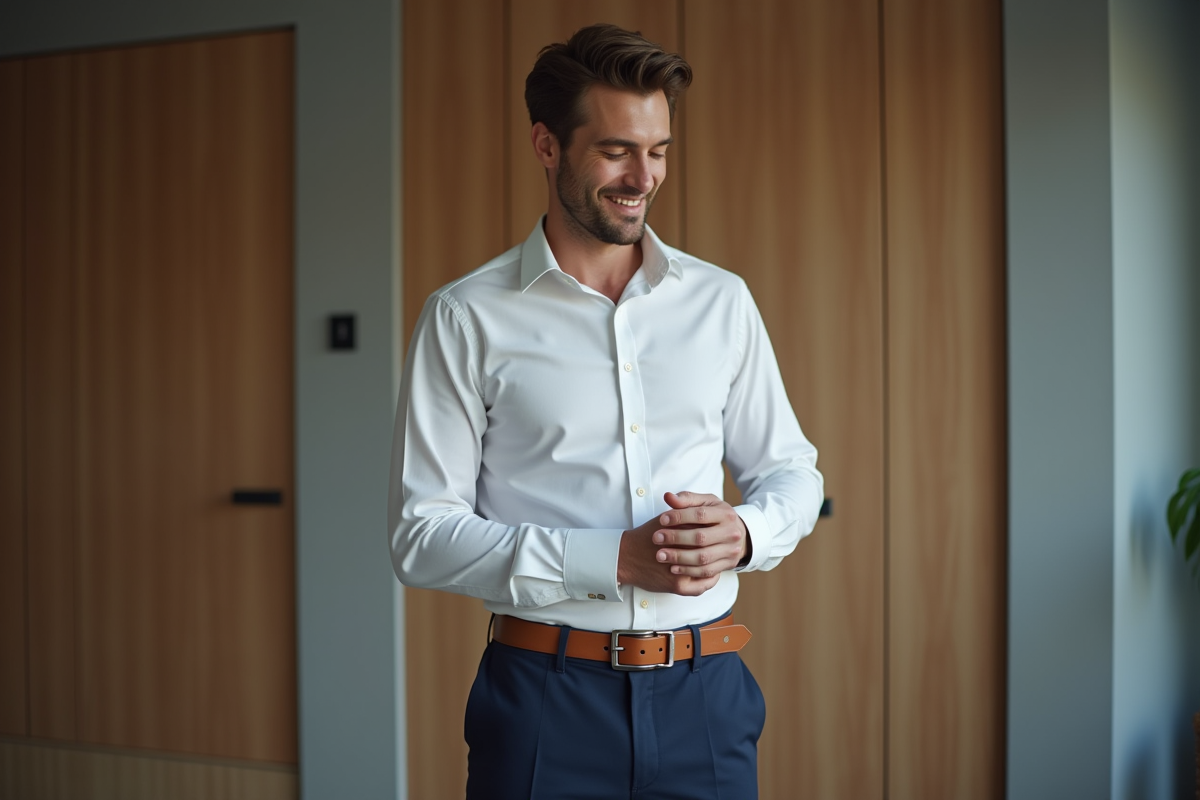 Homme moderne ajustant sa ceinture en intérieur