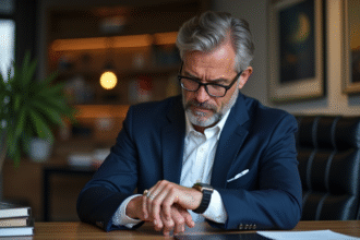 Homme en costume ajustant sa montre dans un bureau élégant