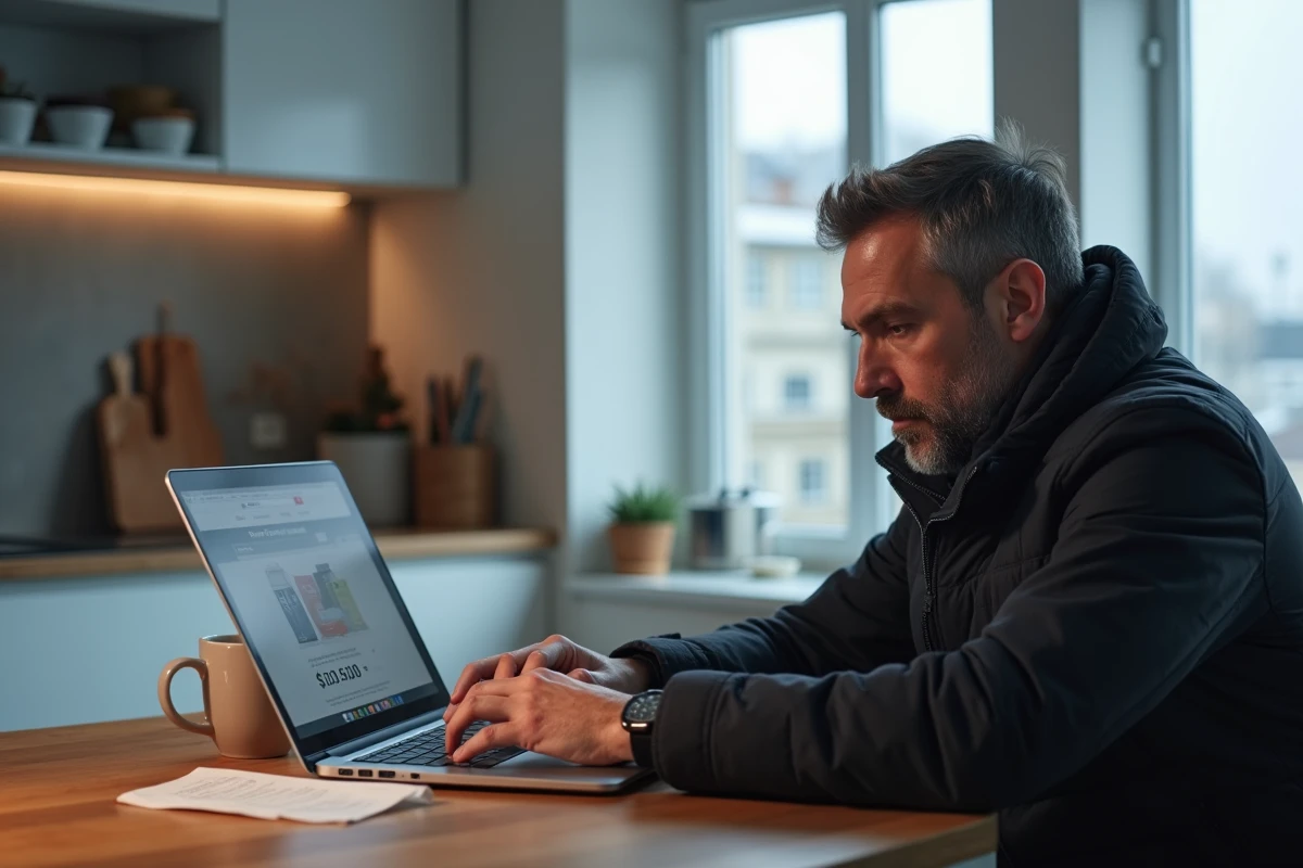Homme analysant des offres de soldes en ligne sur un ordinateur portable avec un reçu imprimé, cherchant à détecter de fausses promotions