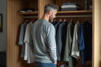 Homme d'âge moyen regardant ses pantalons dans son dressing