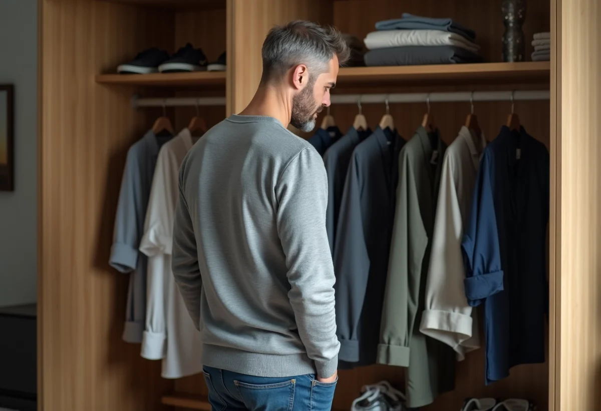 Homme d'âge moyen regardant ses pantalons dans son dressing