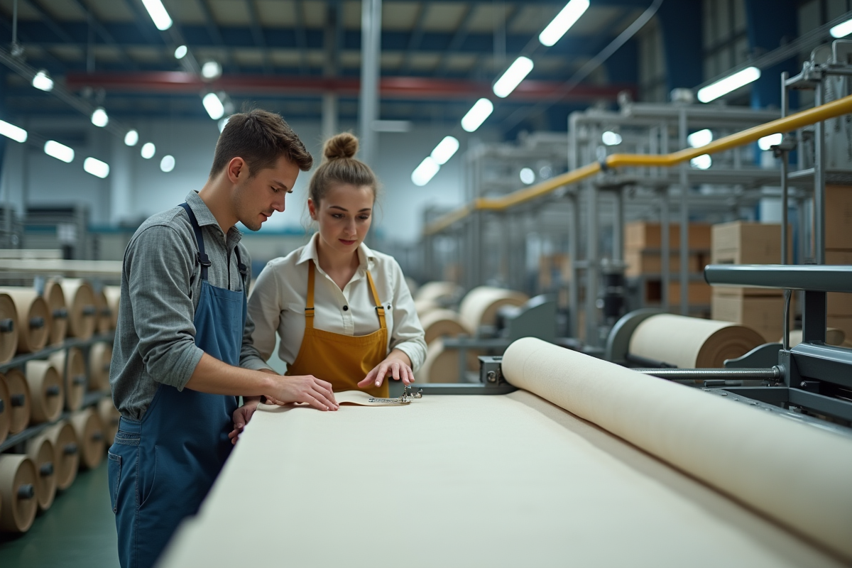 Jeune homme et femme inspectant des tissus finis en usine