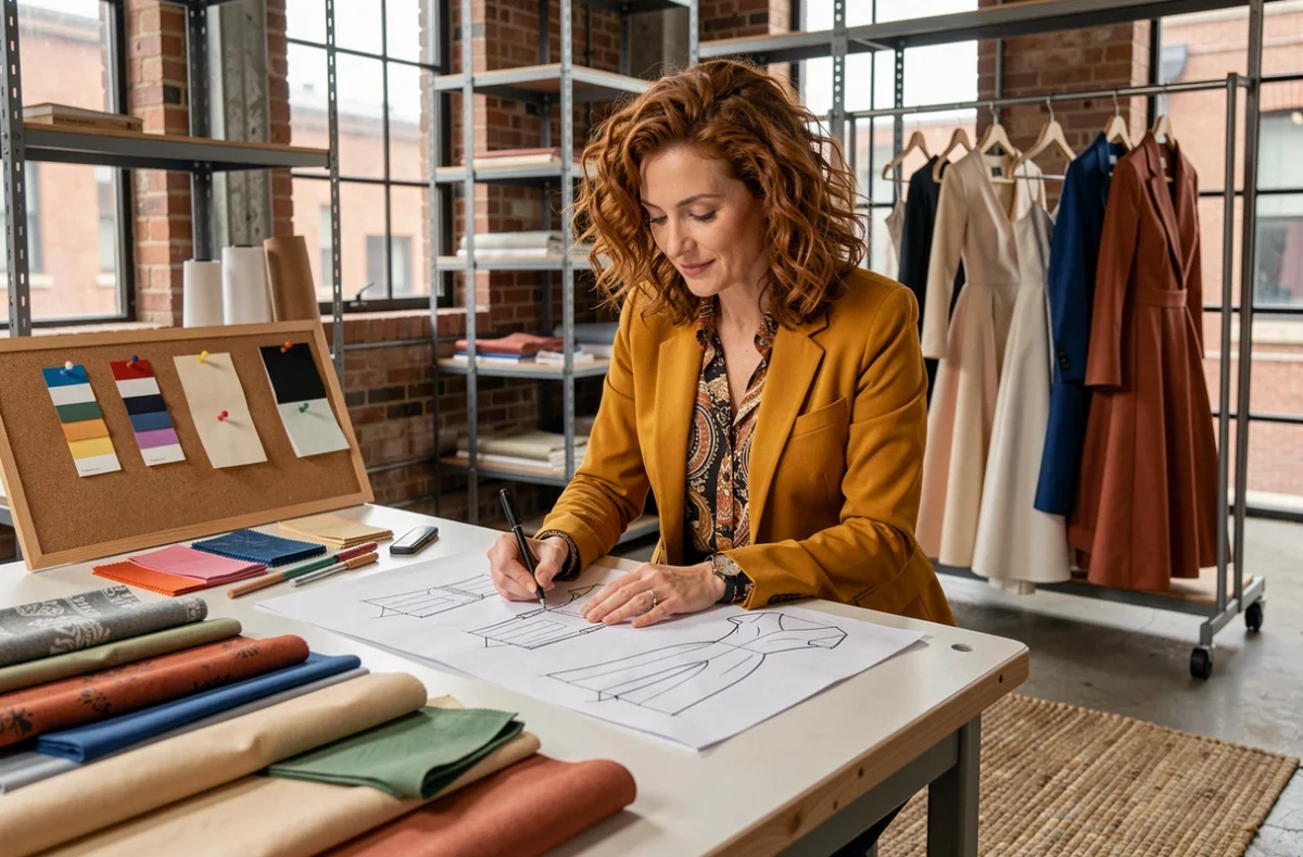 Designer textile Jennifer Postolec esquissant des créations vestimentaires entourée de coupons de tissus dans son studio