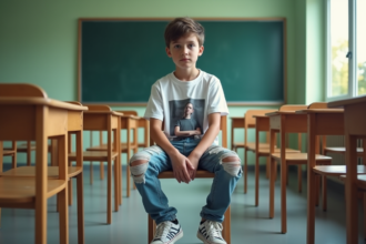 Jeune garçon ado en style décontracté dans une classe moderne