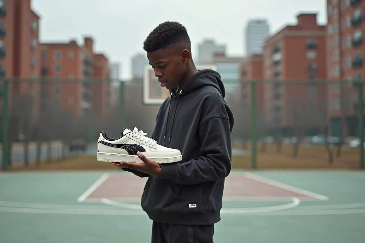 Jeune homme noir tenant des sneakers classiques sur un terrain de basket