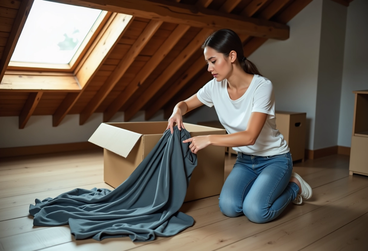 Jeune femme cherchant un pantalon dans un grenier lumineux