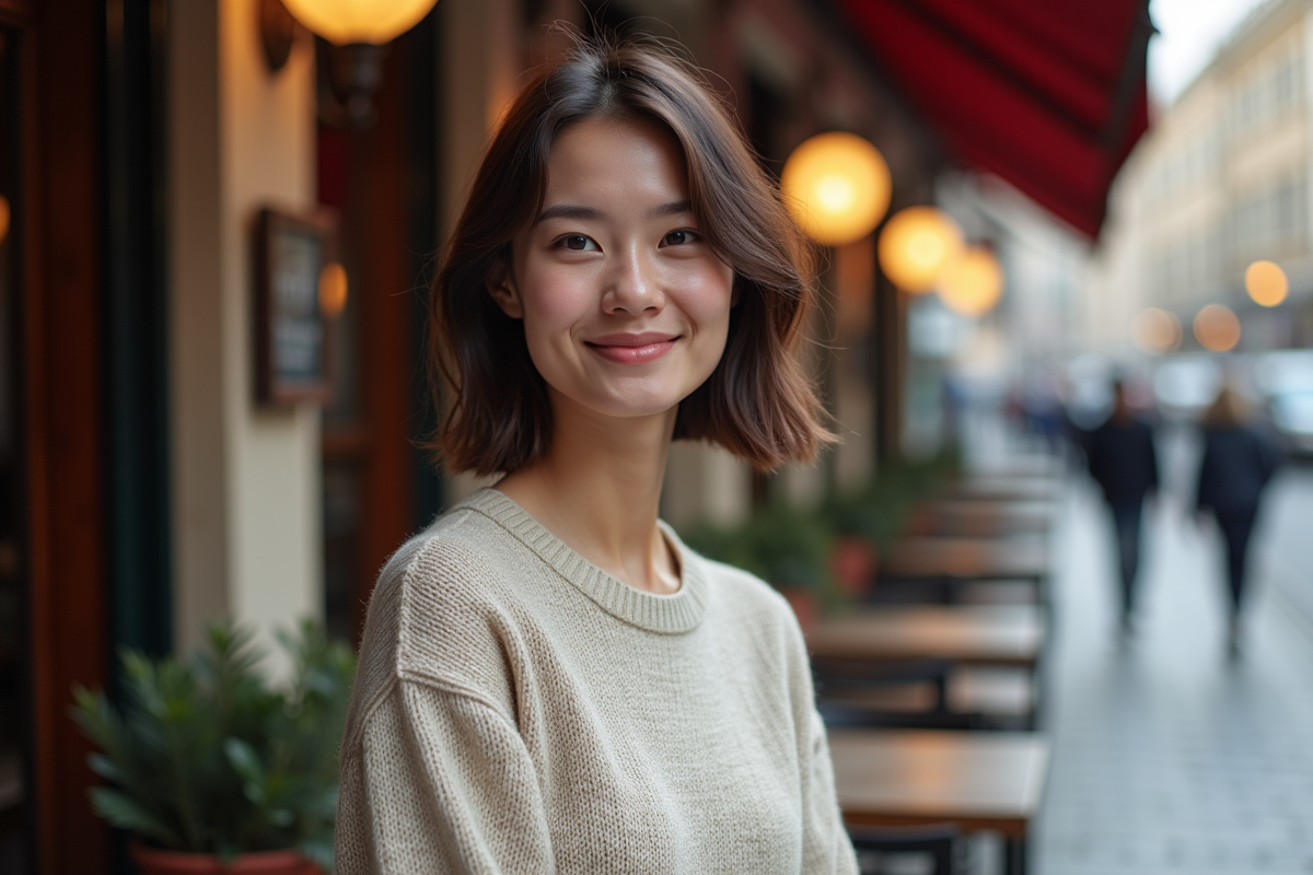 Jeune femme avec coupe bob souriante devant un café urbain