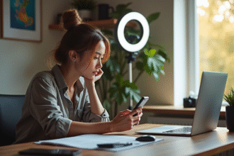 Jeune femme stylée travaillant sur son ordinateur avec smartphone et ring light