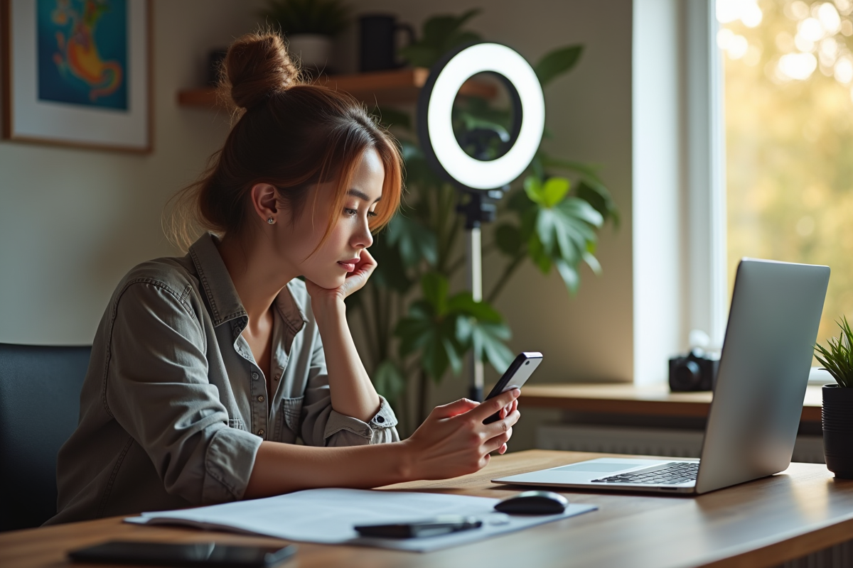 Jeune femme stylée travaillant sur son ordinateur avec smartphone et ring light