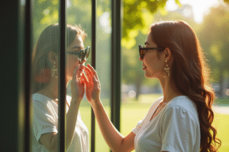 Jeune femme essayant des lunettes de soleil dans un parc ensoleille