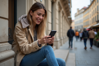 Jeune femme souriante assise à Lyon avec bâtiment historique