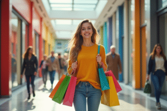 Jeune femme souriante avec sacs de shopping lors d'une vente