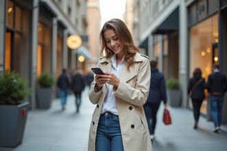 Jeune femme en trench beige et jeans urbains checkant son téléphone