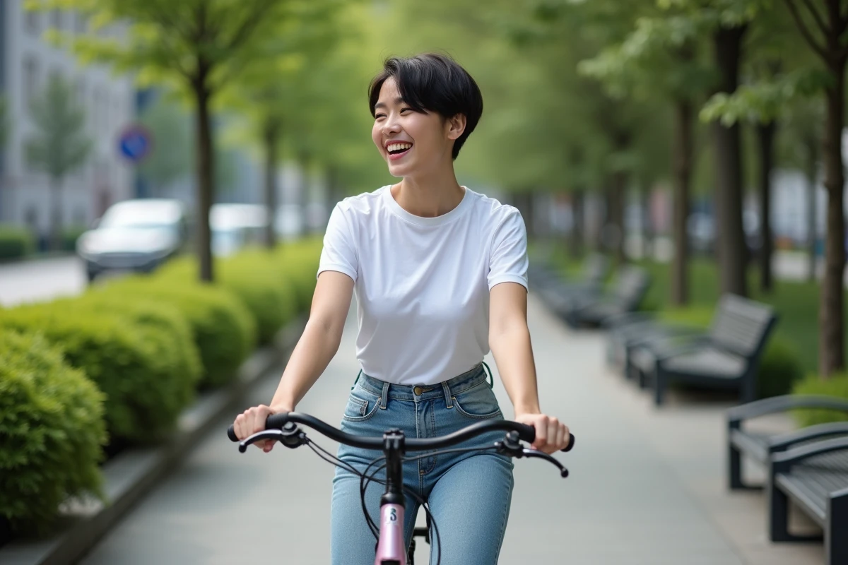 Jeune femme avec coupe pixie en balade dans un parc urbain