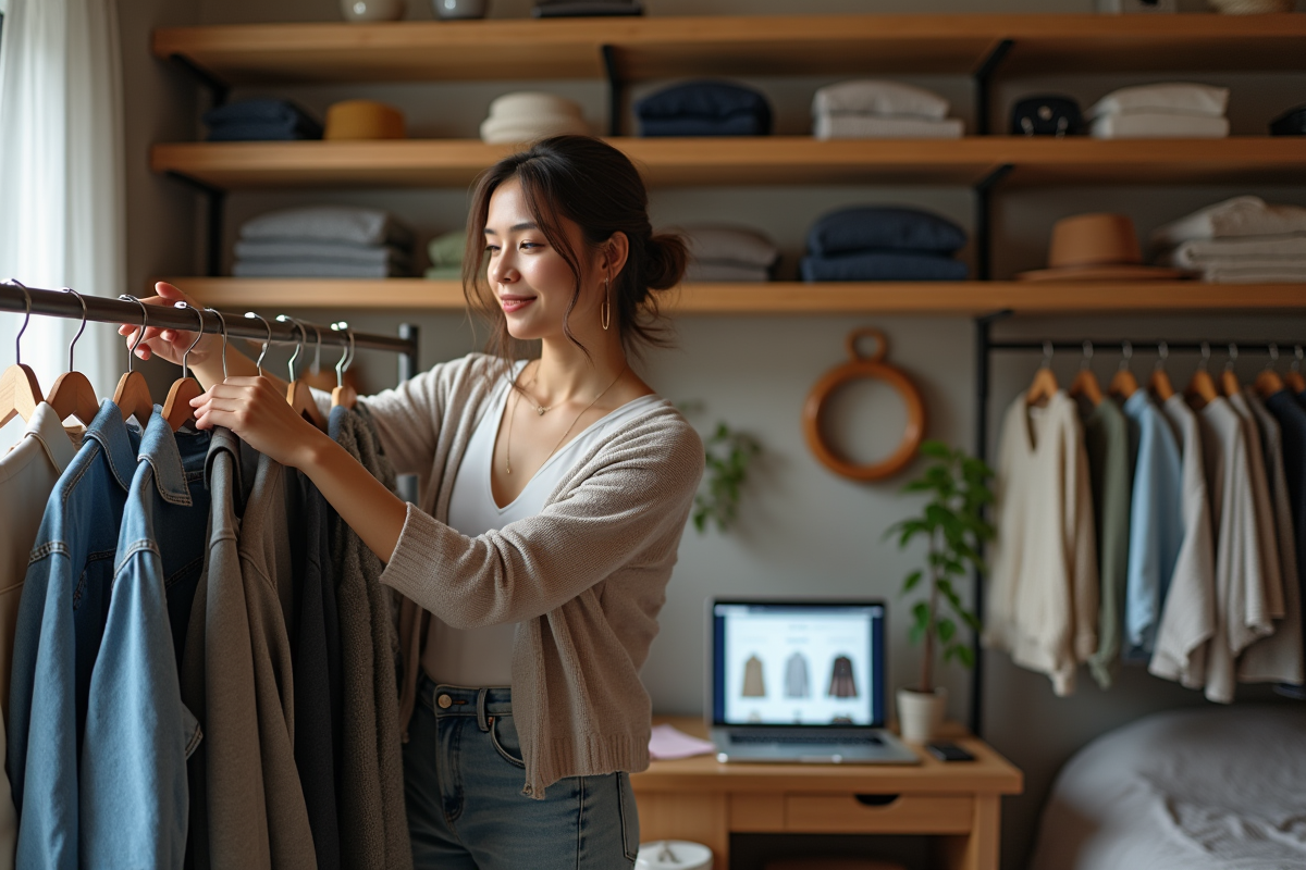 Jeune femme en mode chic d'occasion dans une chambre cosy