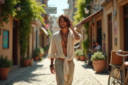 Jeune homme boheme marchant dans une rue pavée ensoleillée