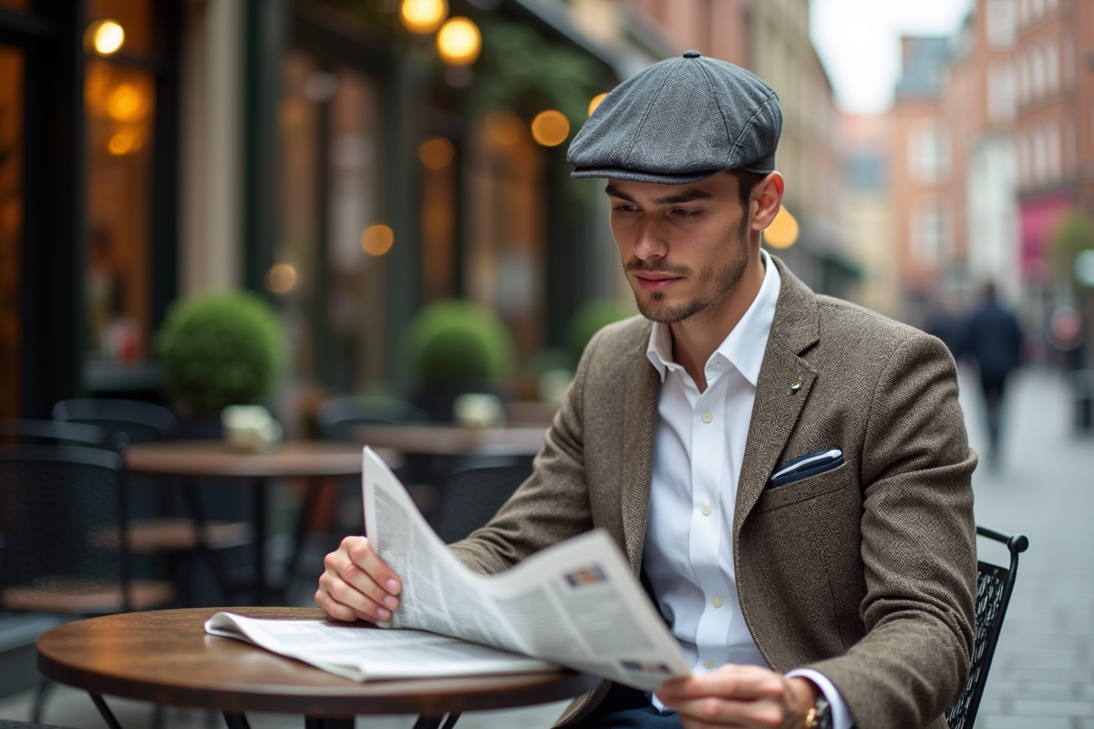 Jeune homme en casual lisant un journal en extérieur