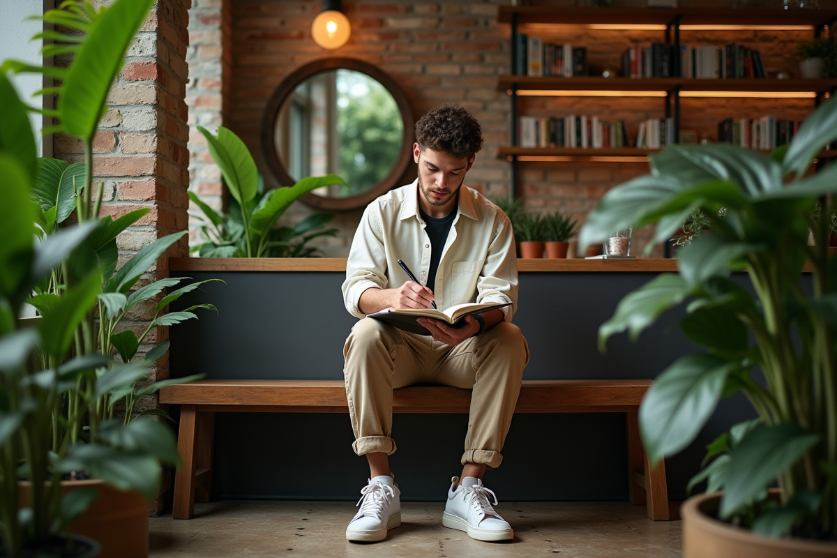 Jeune homme dessinant dans un café chaleureux