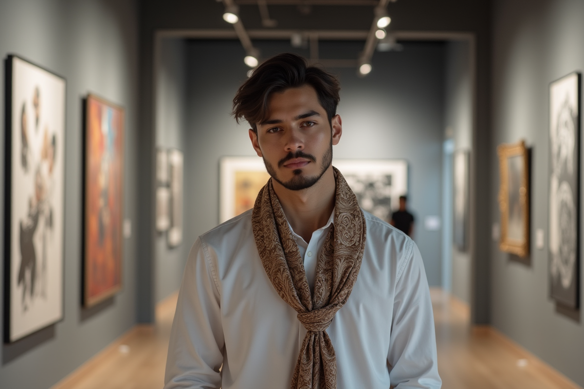 Jeune homme contemplant une œuvre dans une galerie